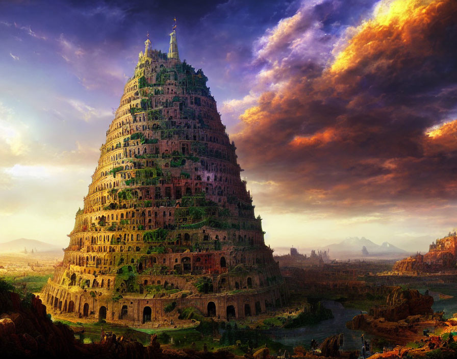 Tower of Babel in dramatic sky with lush landscapes