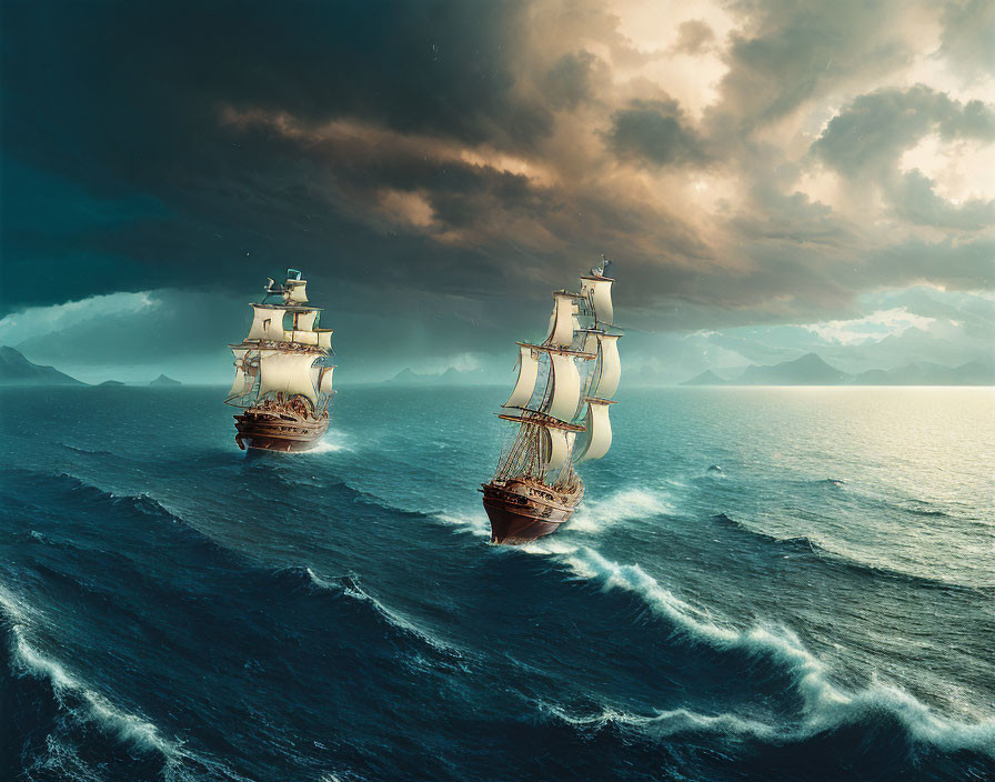 Three tall ships on turbulent sea with dramatic sky and distant mountains.