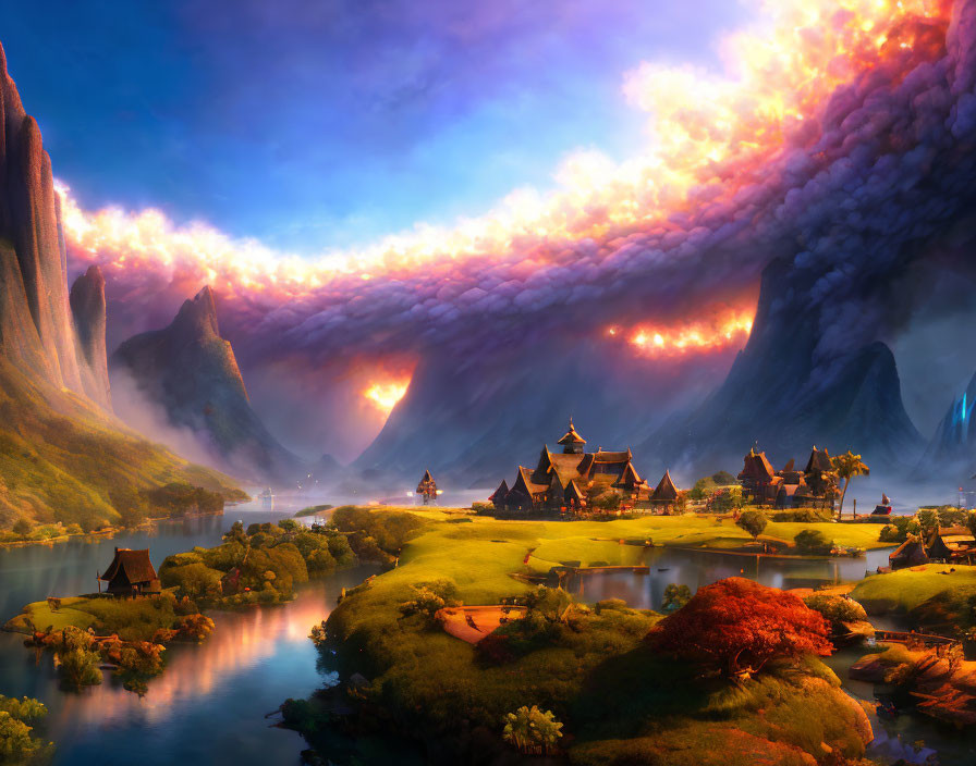 Fantasy landscape with village, river, mountains, fiery sky, and pink clouds.