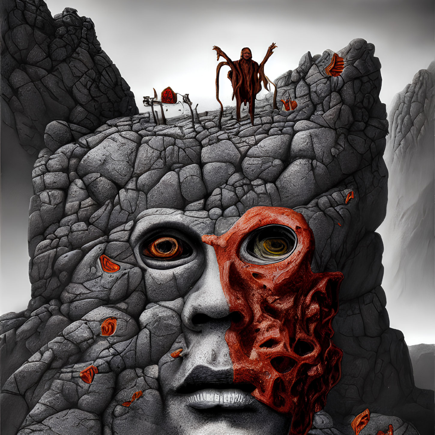 Surreal rocky landscape with giant face and figure on top