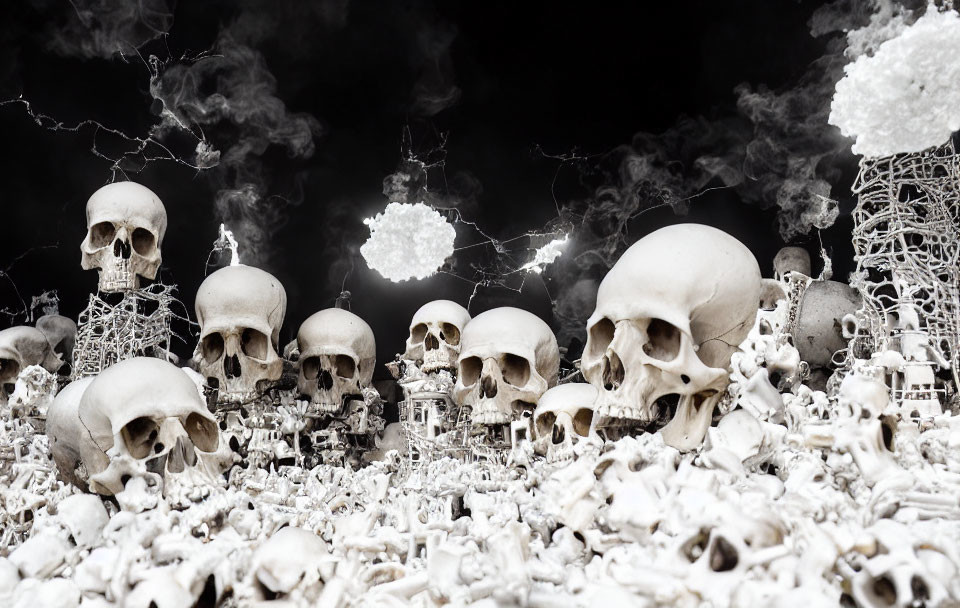 Monochrome artwork with scattered human skulls and smoke in dark scene