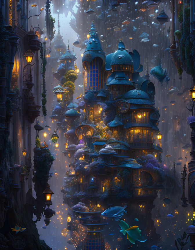 Fantastical cityscape with towering blue buildings and floating islands in serene atmosphere.