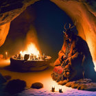 Shamanic figure with antlers sits by fire in cave