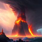 Majestic lighthouse on cliff with lava, lightning, stormy sky