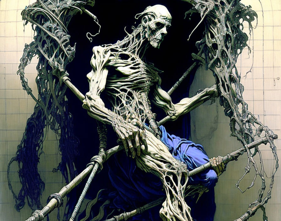 Skeleton figure in tree roots against tiled wall in tattered blue robes.