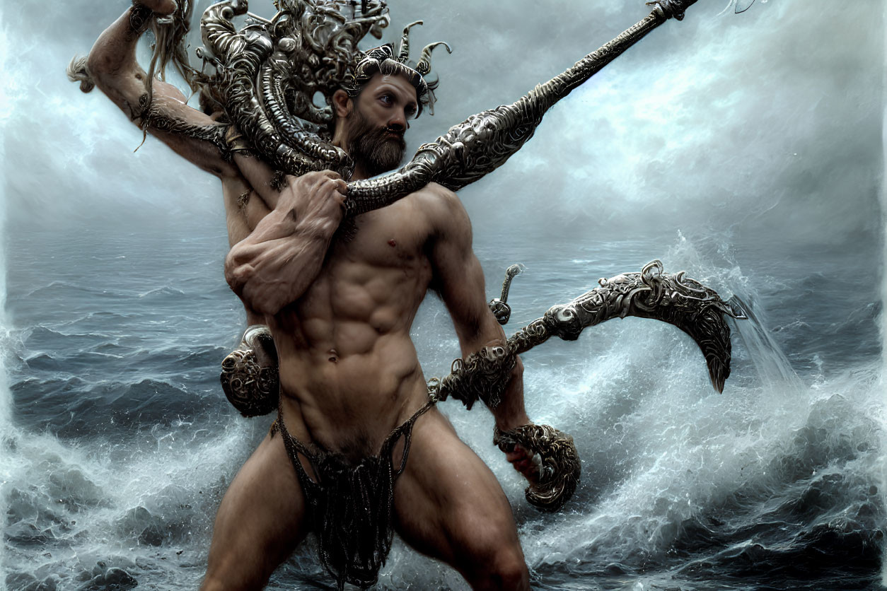 Muscular mythical warrior with trident in ocean waves