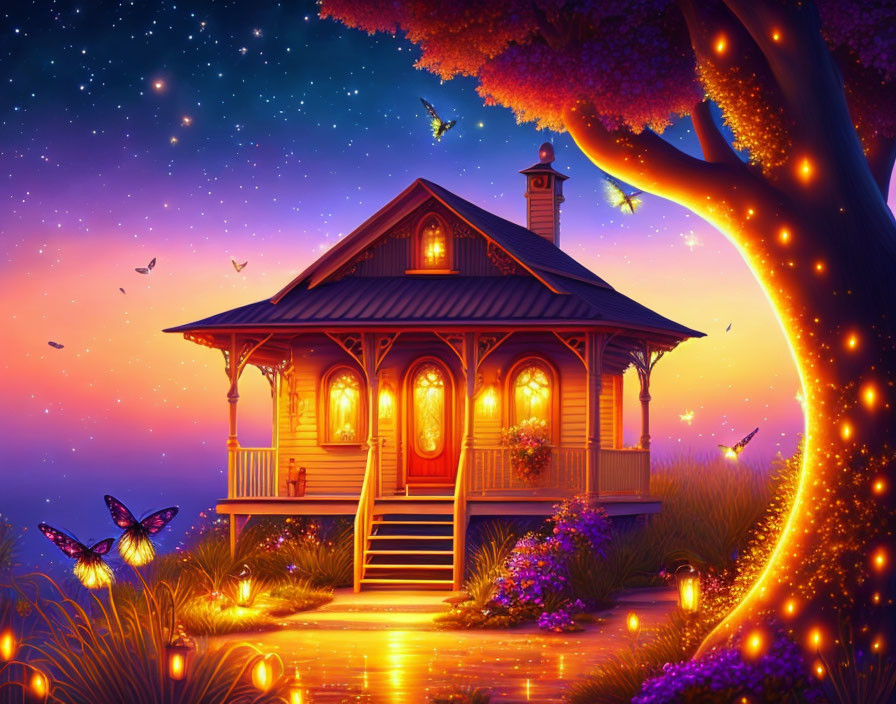 Wooden house with glowing flowers under starry sky & flying birds