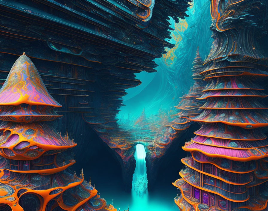 Vibrant orange and blue alien rock formations around glowing turquoise waterfall