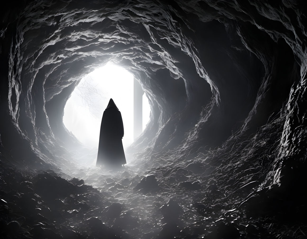 Cloaked figure at cave tunnel entrance staring towards bright light