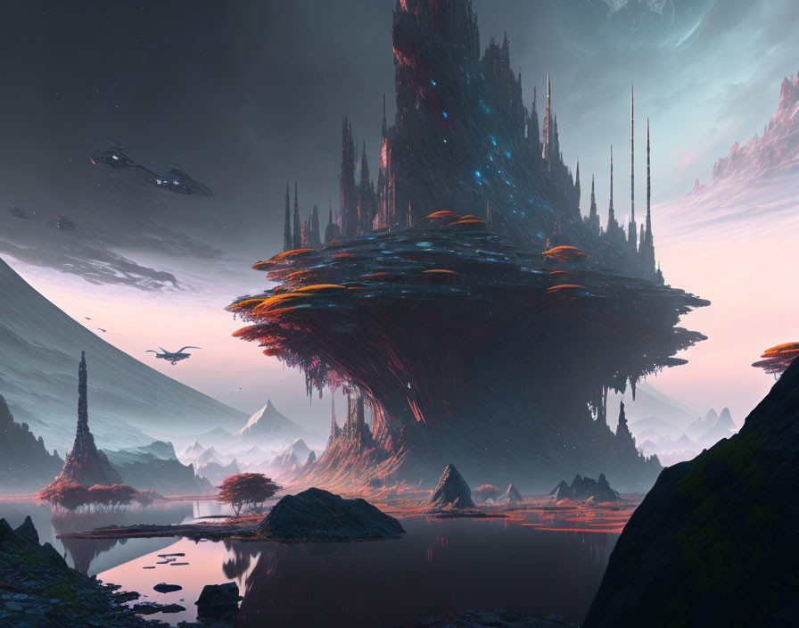 Futuristic landscape with floating spire above tranquil water