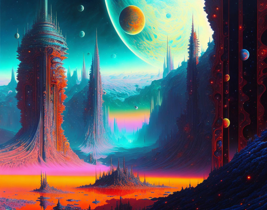 Colorful alien landscape with spires, skies, and moons.