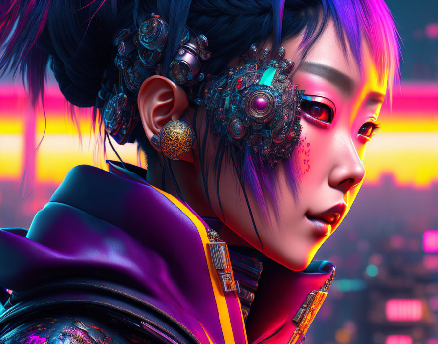 Cyberpunk-inspired woman with purple hair and techno accessories in neon-lit cityscape