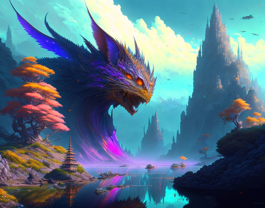 Majestic blue dragon in vibrant fantasy landscape