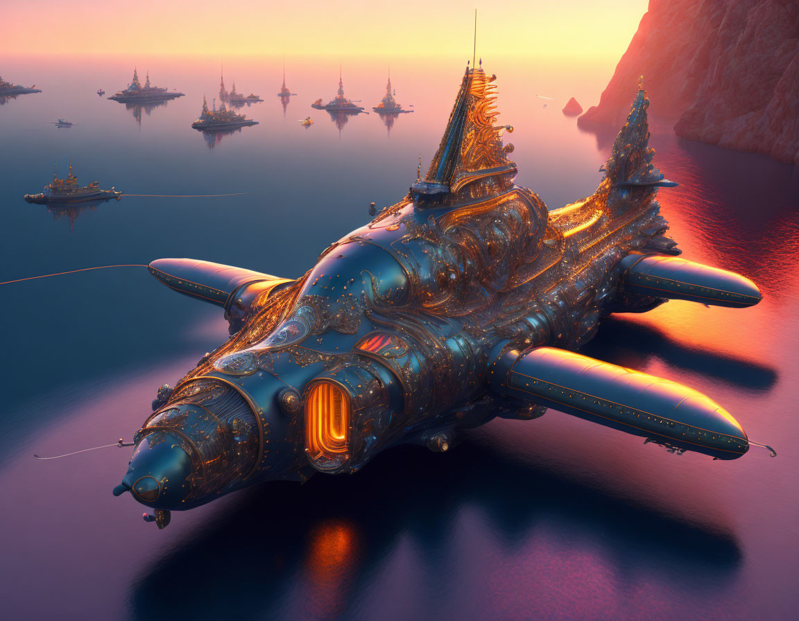 Ornate futuristic submarines at sunset near coastline