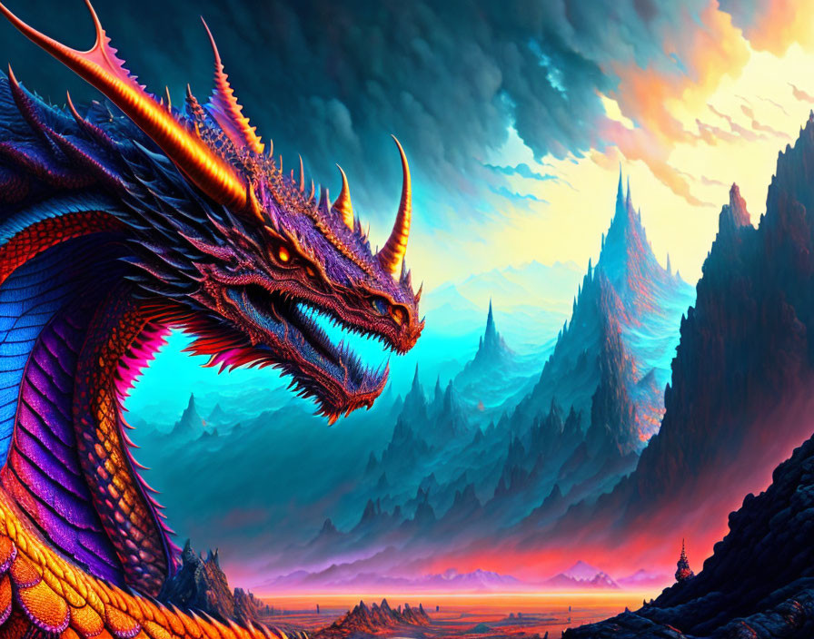 Multicolored dragon in dramatic sunset landscape