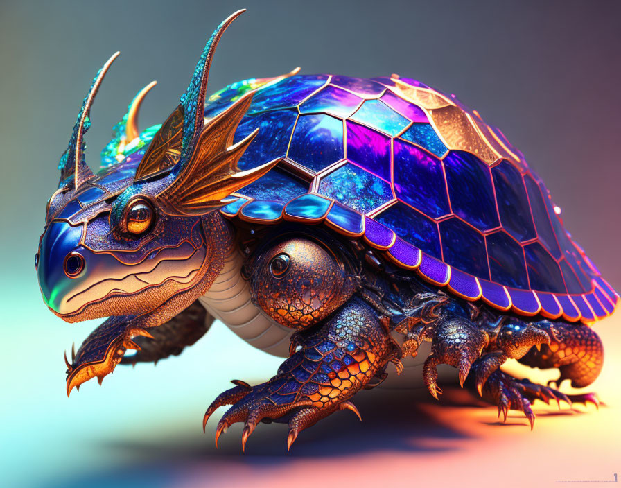 Fantastical turtle with cosmic-patterned shell and intricate horns on soft gradient background