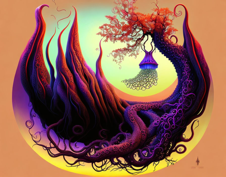 Colorful Tree on Tentacled Structure Against Gradient Background