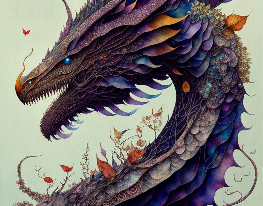 Detailed illustration of majestic dragon with purple and blue scales amidst autumn leaves.