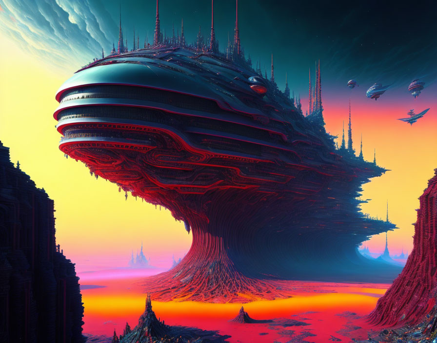 Futuristic surreal landscape with towering spires and spaceship above orange terrain