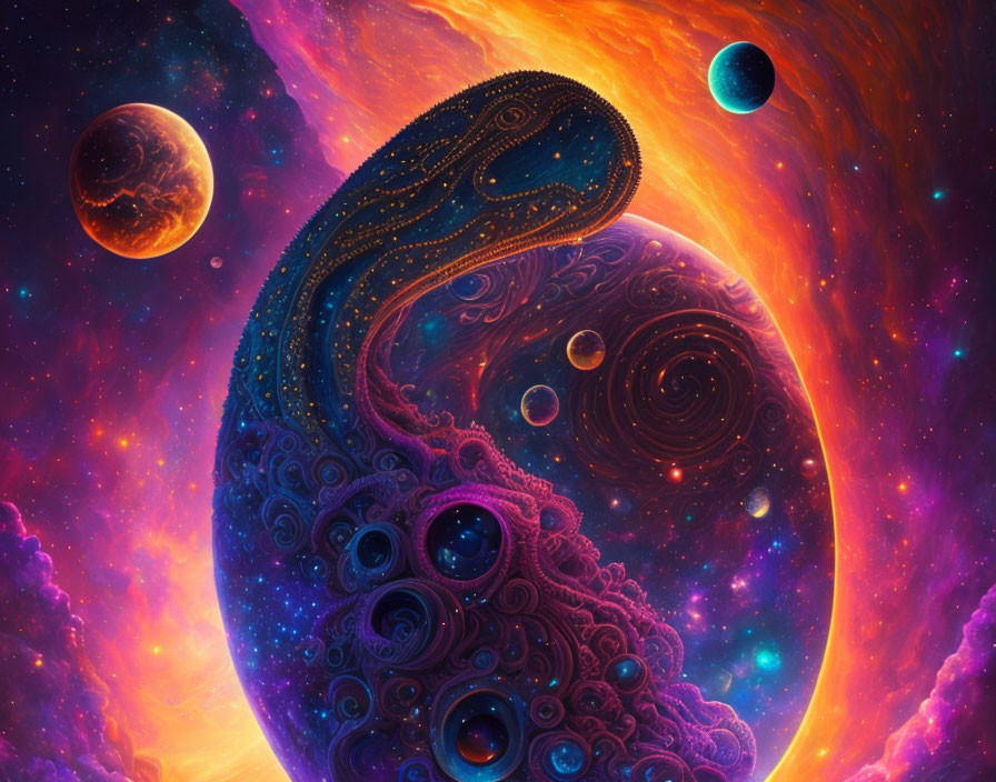 Colorful cosmic scene with swirling entity among planets, stars, and nebulae