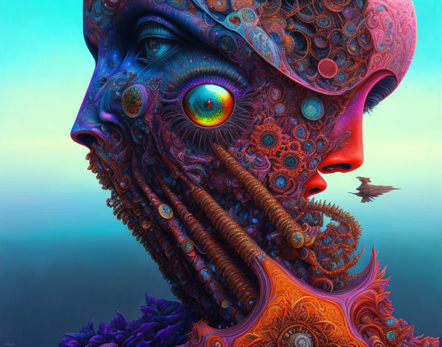 Colorful surreal digital artwork of intricate face pattern and vivid eye