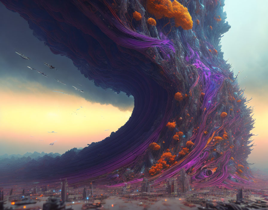 Colossal wave-like structure with purple and orange hues above futuristic cityscape