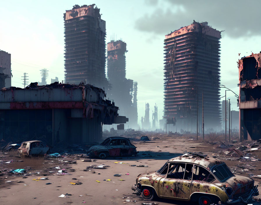 Dystopian landscape with dilapidated skyscrapers and abandoned cars