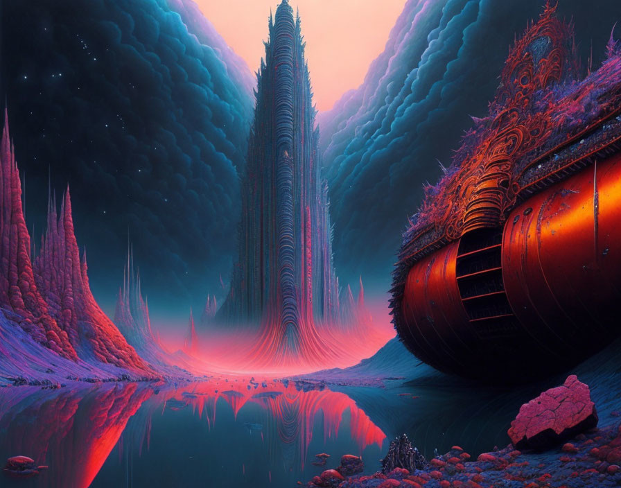 Futuristic sci-fi landscape with towering structures and orange sky