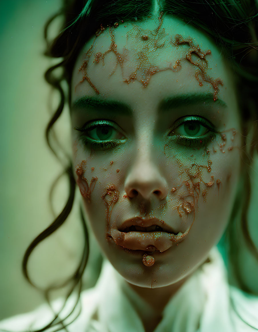 Person with Striking Green Eyes and Dripping Bronze Makeup