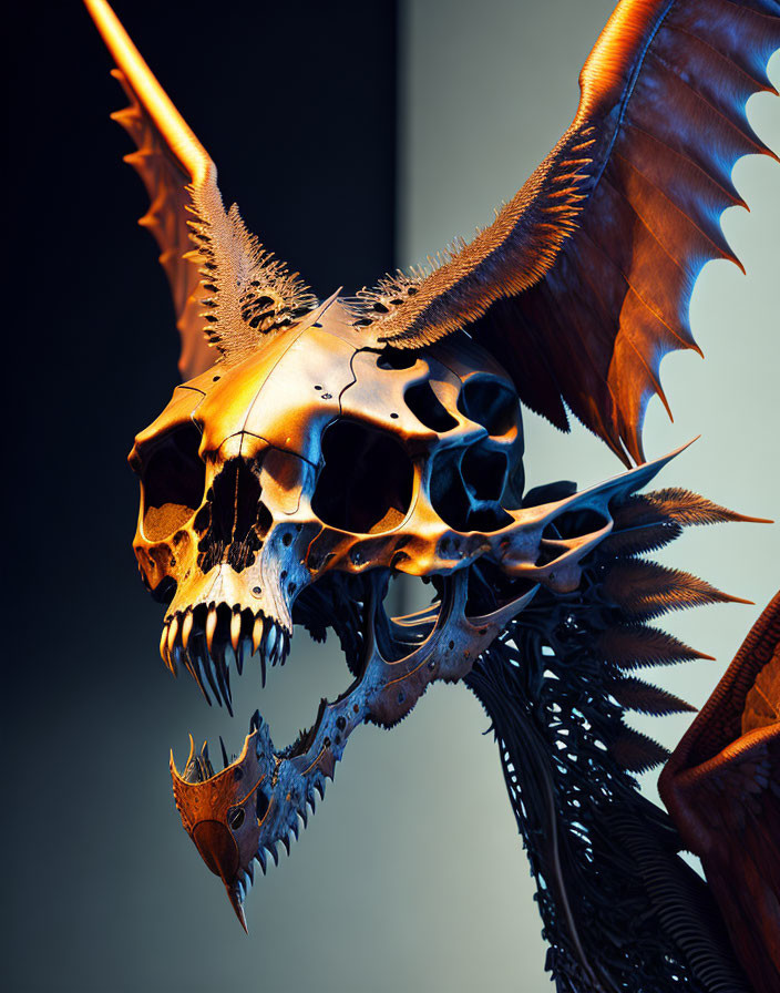 Fantasy dragon with metallic skull and wings on dark backdrop