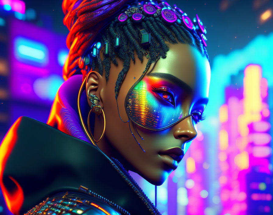 Futuristic woman with vibrant makeup and cybernetic accessories in neon-lit cityscape