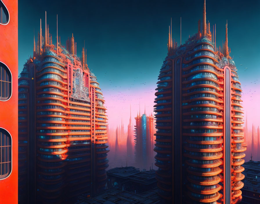 Futuristic cityscape with illuminated coral-like skyscrapers at dusk