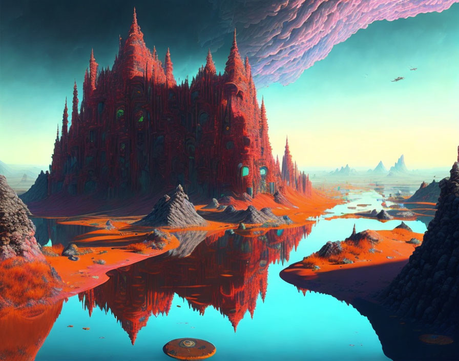 Fantastical landscape with red citadel, orange terrain, ships, and purple sky