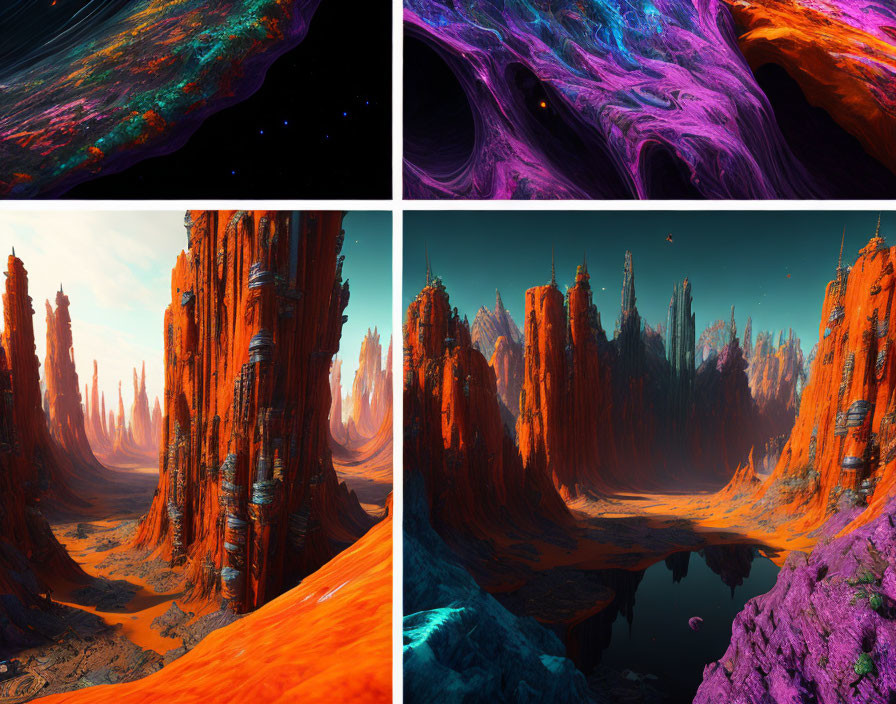 Surreal landscape panels: cosmic nebulae and alien rock formations