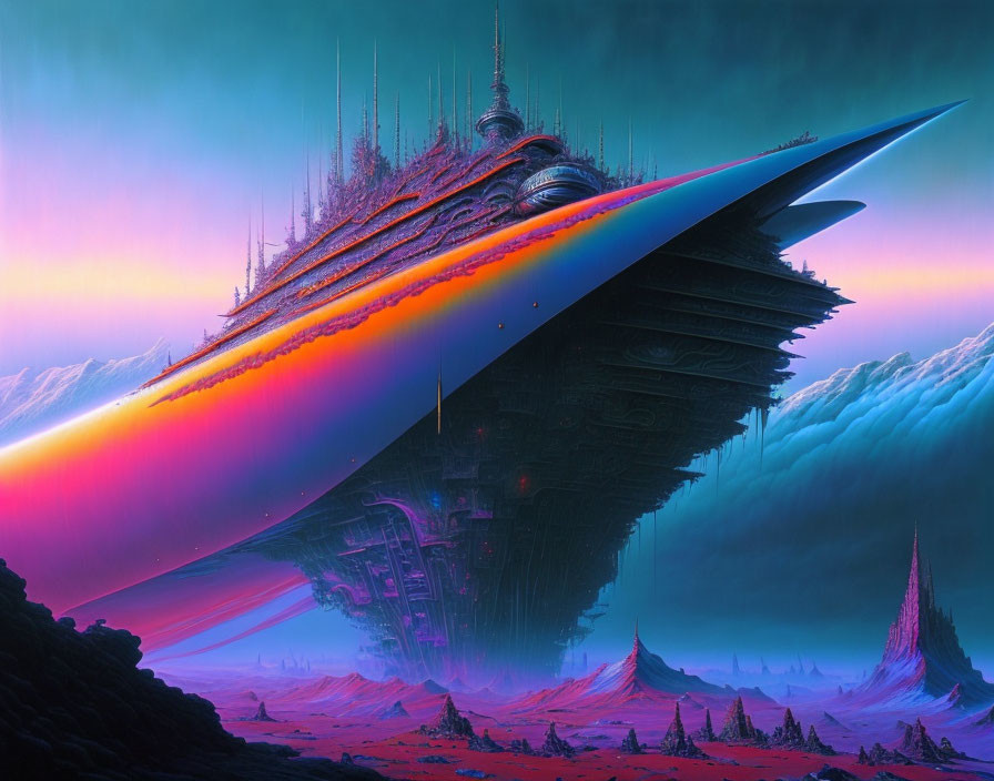 Giant futuristic spaceship over colorful alien landscape