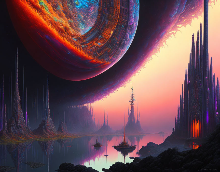 Alien landscape with spires, water, vessels, and massive planet