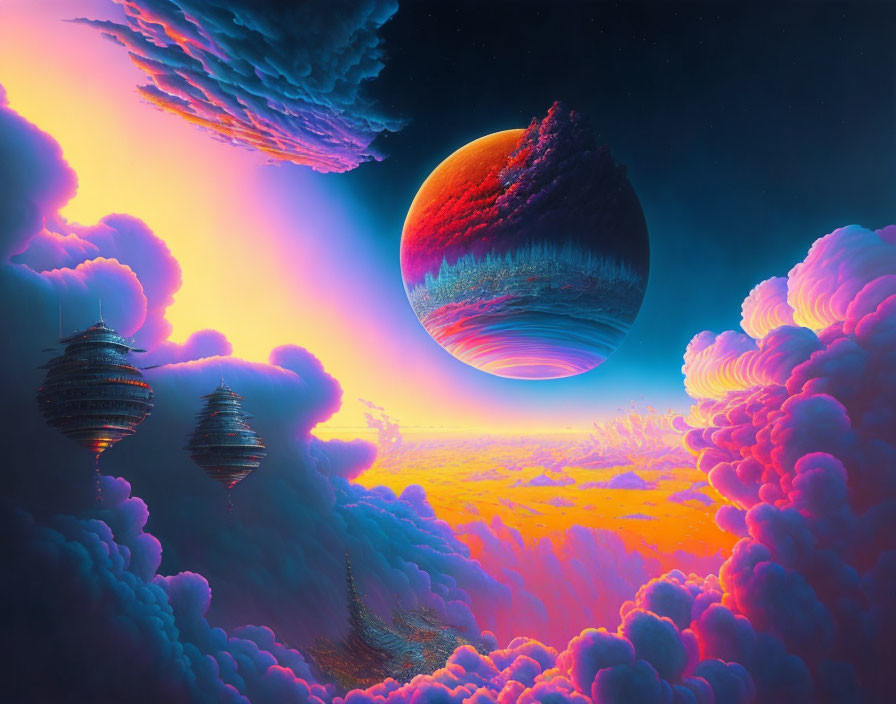 Colorful sci-fi landscape with alien planet, fluffy clouds, and floating structures