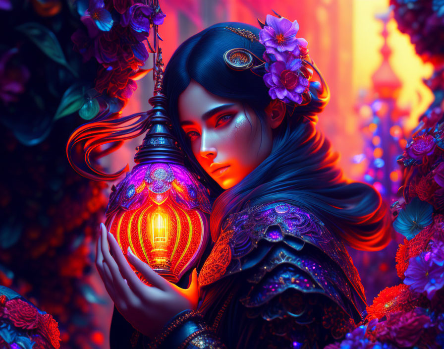 Mystical woman with blue eyes and lantern in vibrant red and blue setting