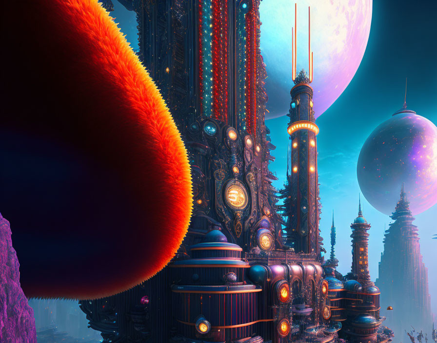 Sci-fi landscape with ornate towers, glowing orbs, alien vegetation