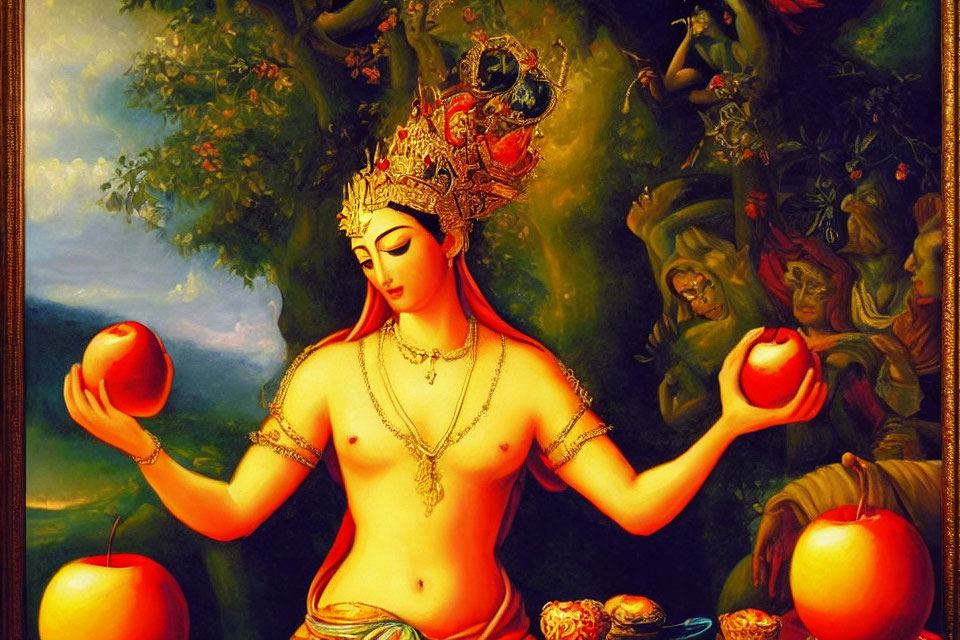 Colorful painting of multi-armed woman with fruit and foliage