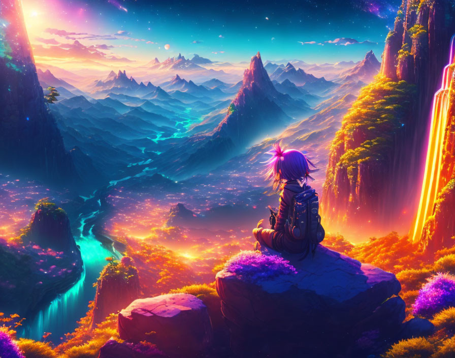 Person admires vibrant, fantastical landscape with glowing waterfalls and neon flora