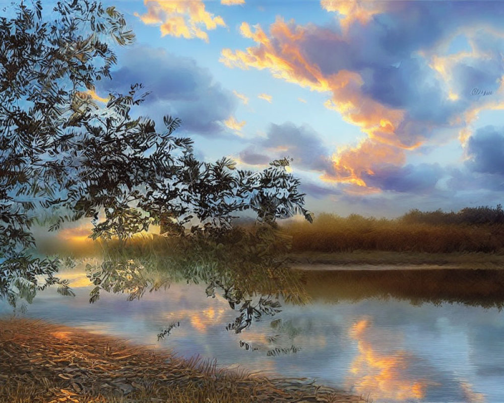 Twilight lakeside scene with orange clouds reflected on water.