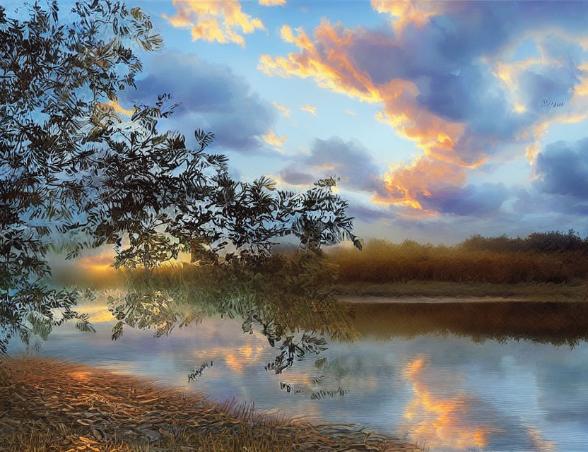 Twilight lakeside scene with orange clouds reflected on water.