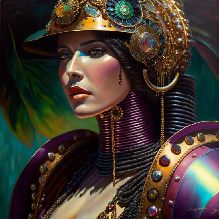 Steampunk-themed portrait of a woman in metallic armor and gear-adorned helmet.