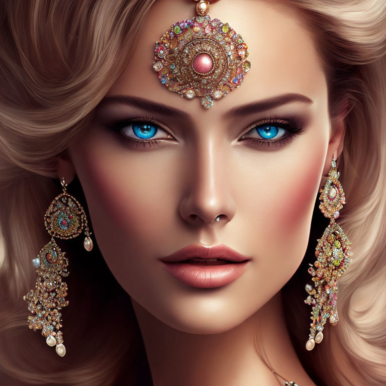 Woman with Striking Blue Eyes and Elaborate Golden Jewelry