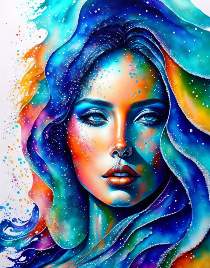 Vibrant portrait of woman with flowing hair in cosmic background
