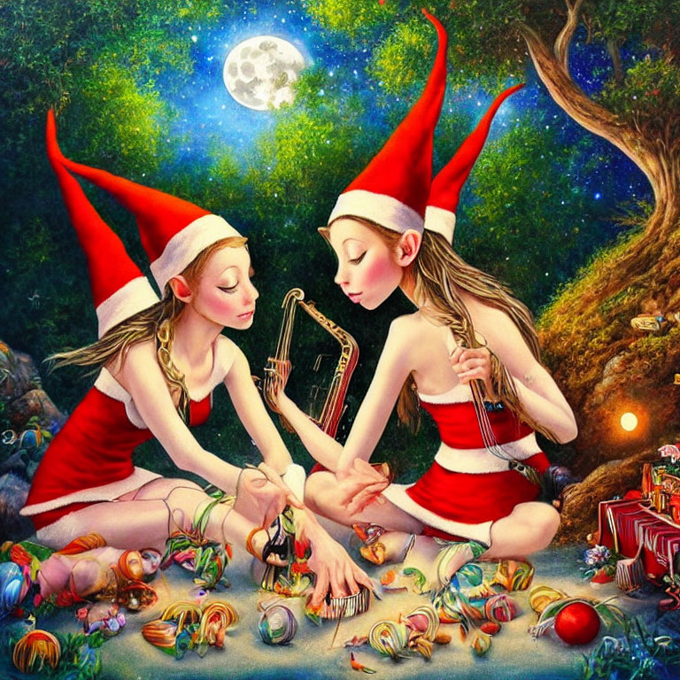 Elves playing music among candies under moonlit sky