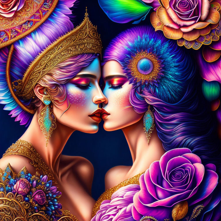 Colorful illustration of women's faces with gold jewelry, flowers, and feathers