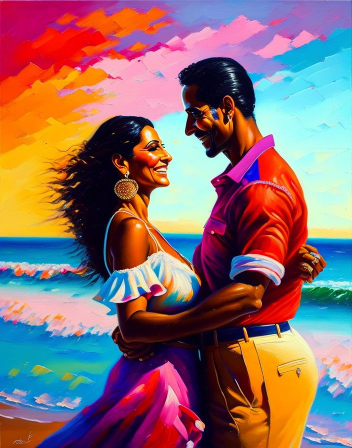 Vibrant sunset beach painting of smiling couple embracing