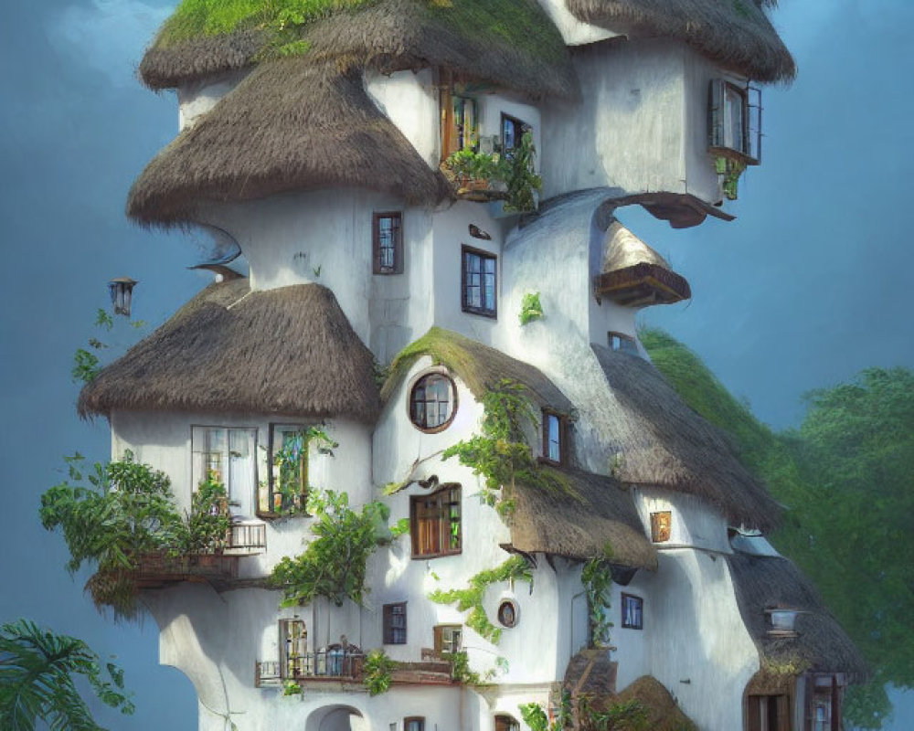 Whimsical multi-story treehouse with thatched roofs and lush greenery in misty setting